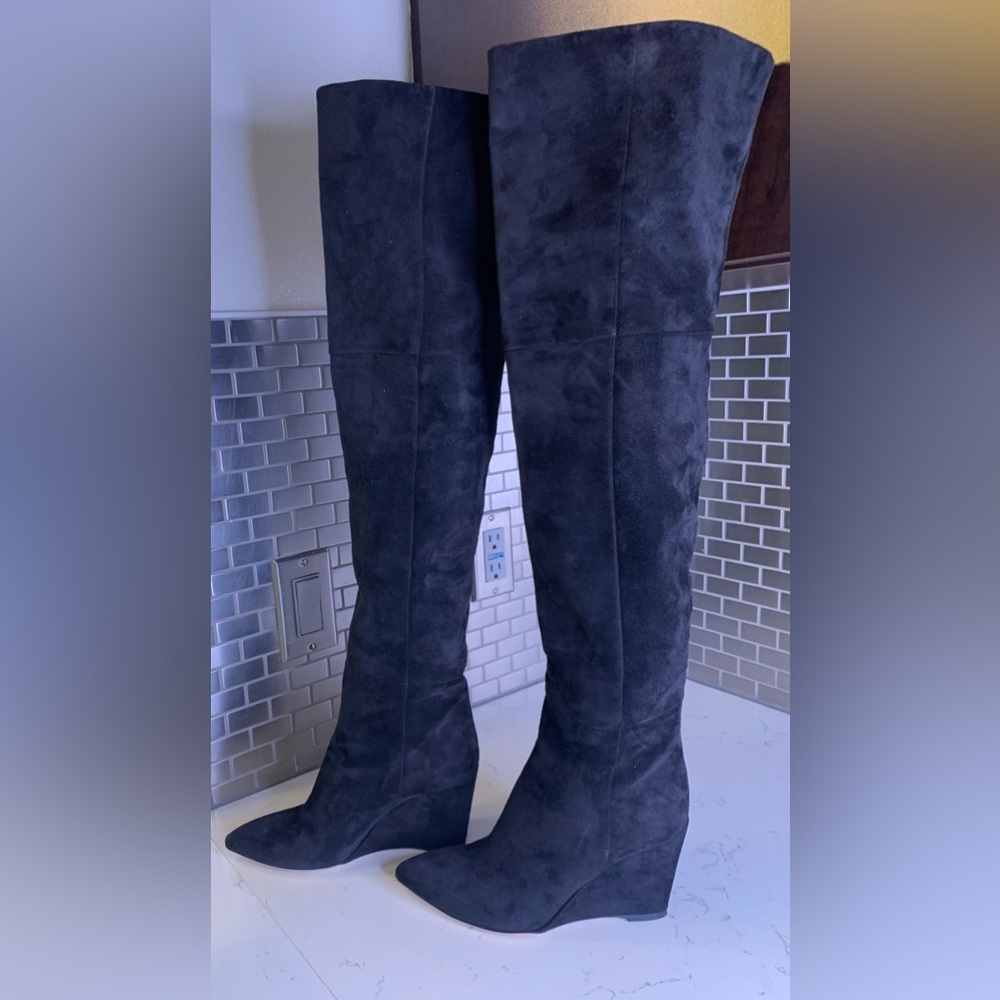Tamara Mellon Over the Knee Suede Leather Wedge Boots 37.5 EU 7-7.5 US